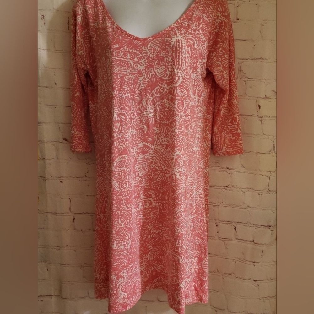 LILLY PULITZER Pink Round Neck Floral Shift Dress 100% Cotton 3/4 Sleeves sz XS